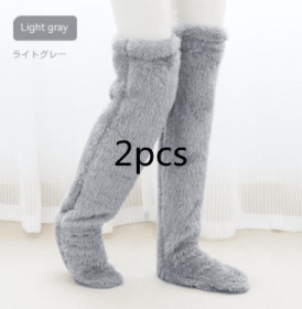 Over Knee High Fuzzy Long Socks Winter Warm Cold Leg Knee Joint Cold-proof Stockings Home Floor Sleeping Socks (Option: Silver Gray2pcs-Average Size)