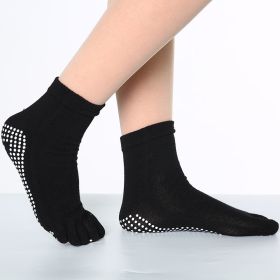 1pair Rainbow Color Non-slip Towel Bottom Yoga Socks, Cozy 5 Toes Split Knitted Calf Crew Socks, Women's Yoga Socks (Color: black, size: One-size)
