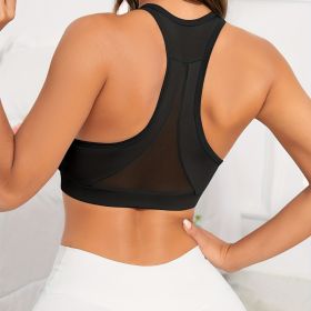 Green Solid Color Breathable Mesh Stitching Tank Top, Sports Yoga Fitness Bra (Color: black, size: S)