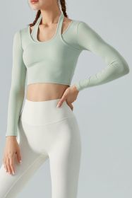 Halter Neck Long Sleeve Cropped Sports Top (Color: Mint, size: L)