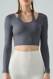 Halter Neck Long Sleeve Cropped Sports Top (Color: Gray, size: M)