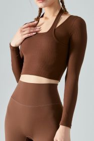 Halter Neck Long Sleeve Cropped Sports Top (Color: Brown, size: L)
