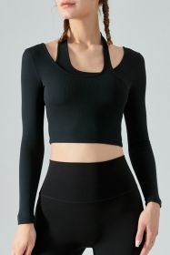 Halter Neck Long Sleeve Cropped Sports Top (Color: black, size: S)