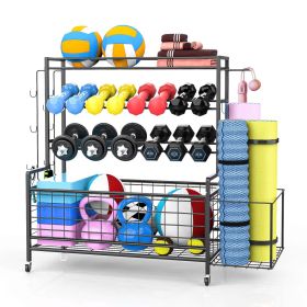 Yoga mat holder, yoga mat storage rack, home gym storage strap hook and wheels black (Color: black)