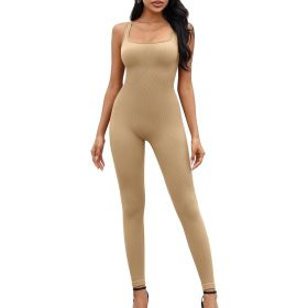 Women Yoga Romper Workout Ribbed Sleeveless Sport Stretch Jumpsuit Playsuit (Color: Light Coffee, size: M)