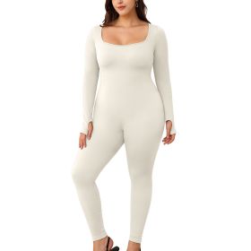Womens Yoga Jumpsuits Workout Ribbed Long Sleeve Sport Jumpsuits (Color: Beige, size: S)