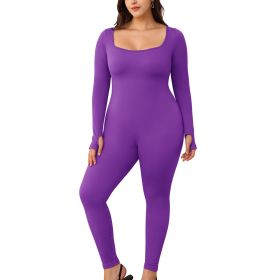 Womens Yoga Jumpsuits Workout Ribbed Long Sleeve Sport Jumpsuits (Color: DeepPurple, size: L)